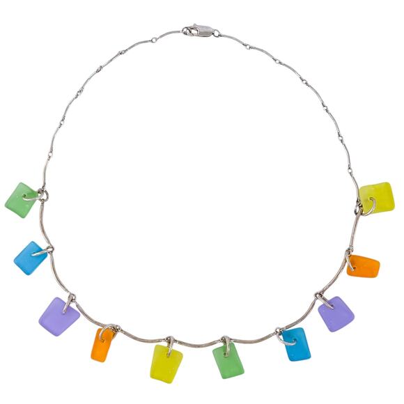 Colorful Glass Necklace | Sterling Silver 925 Tumbled Charm 15.5” - Picture 2 of 10